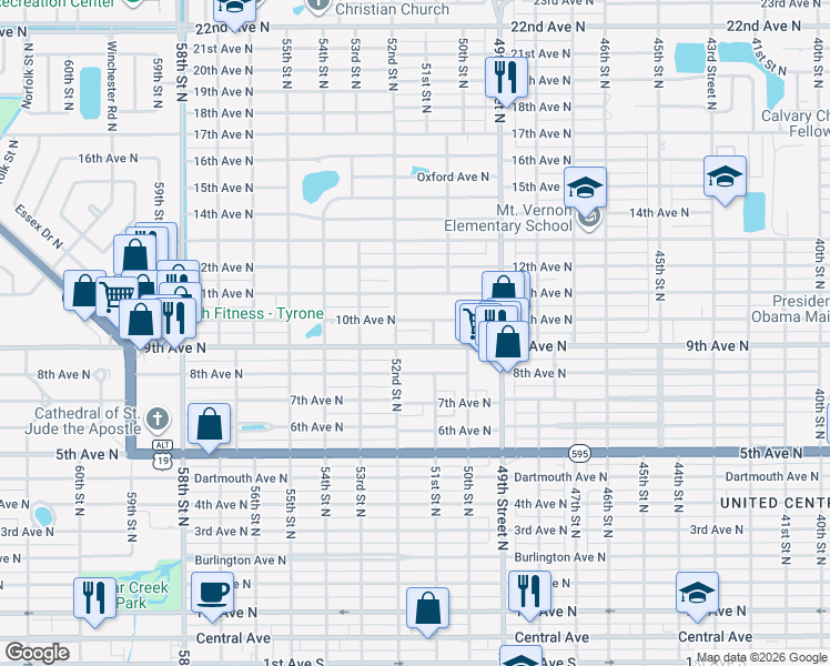 map of restaurants, bars, coffee shops, grocery stores, and more near 950 52nd Street North in St. Petersburg