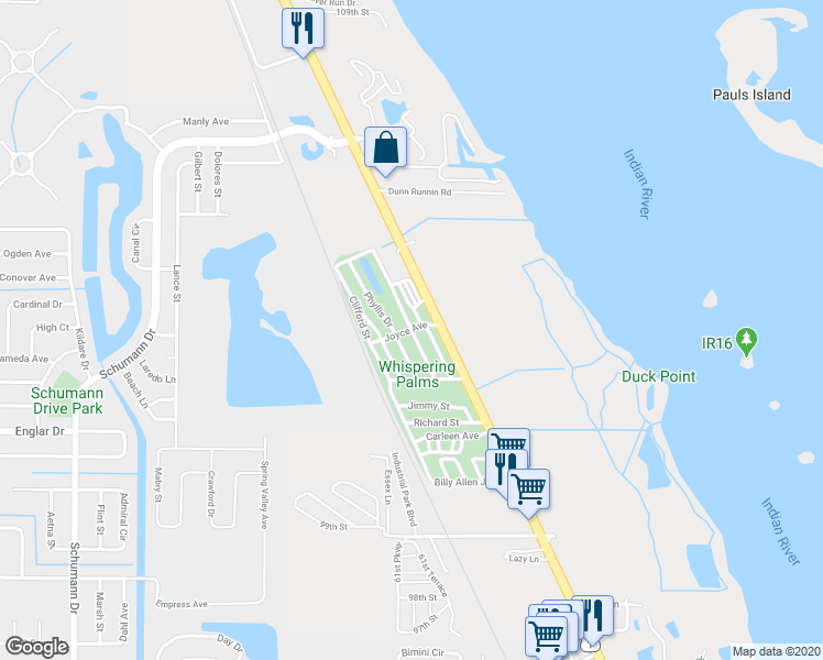 map of restaurants, bars, coffee shops, grocery stores, and more near Alisa Drive in Sebastian