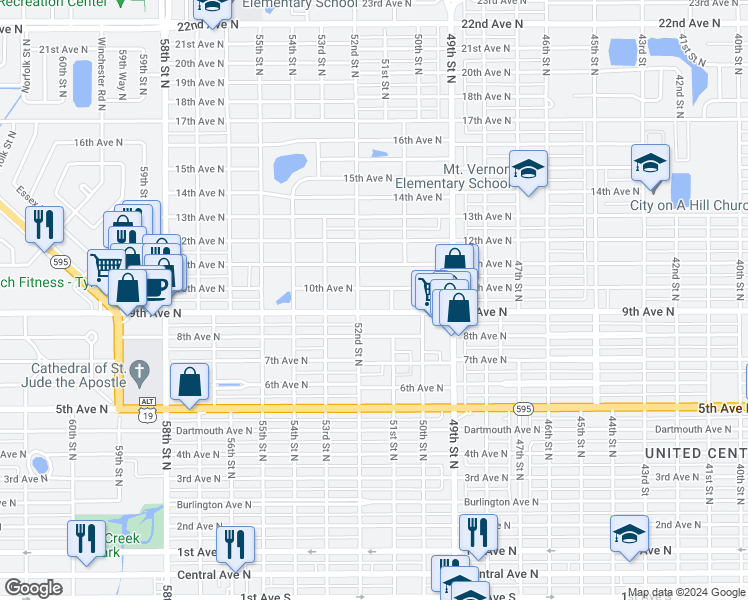 map of restaurants, bars, coffee shops, grocery stores, and more near 5155 9th Avenue North in St. Petersburg