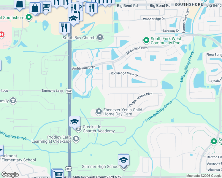 map of restaurants, bars, coffee shops, grocery stores, and more near 10735 Rockledge View Drive in Riverview