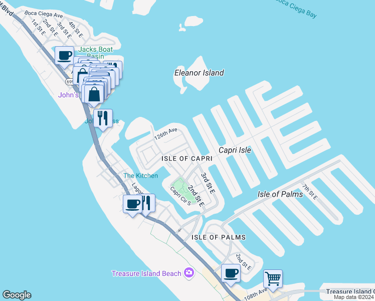 map of restaurants, bars, coffee shops, grocery stores, and more near 12319 Sun Vista Court East in Treasure Island