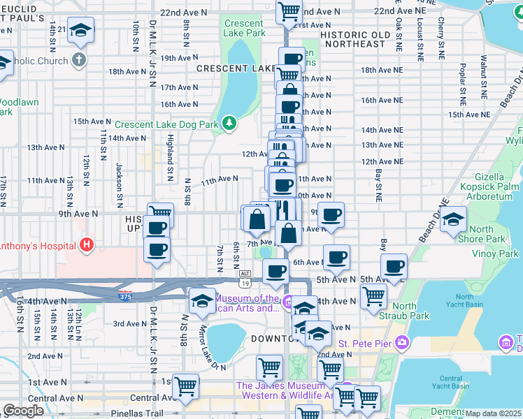 map of restaurants, bars, coffee shops, grocery stores, and more near 435 9th Avenue North in St. Petersburg