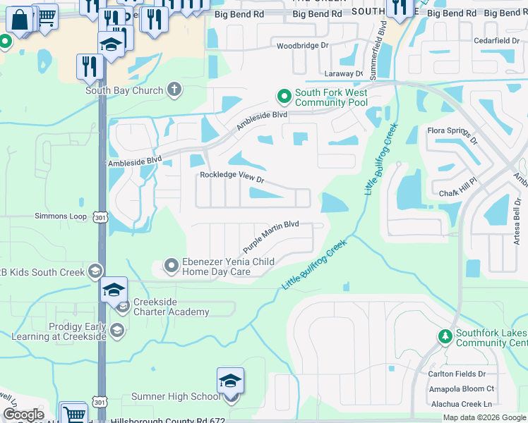 map of restaurants, bars, coffee shops, grocery stores, and more near 10815 Rockledge View Drive in Riverview