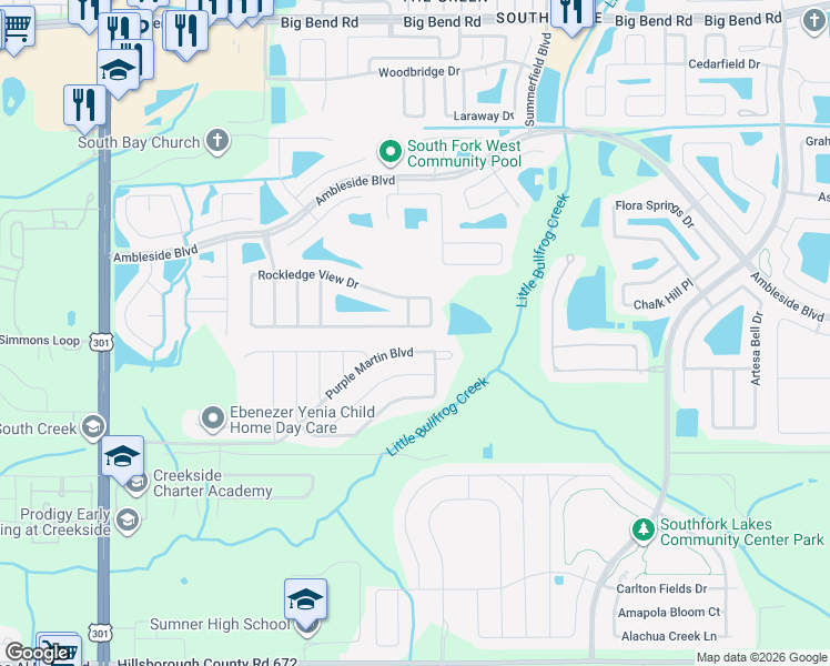 map of restaurants, bars, coffee shops, grocery stores, and more near 10903 Rockledge View Drive in Riverview