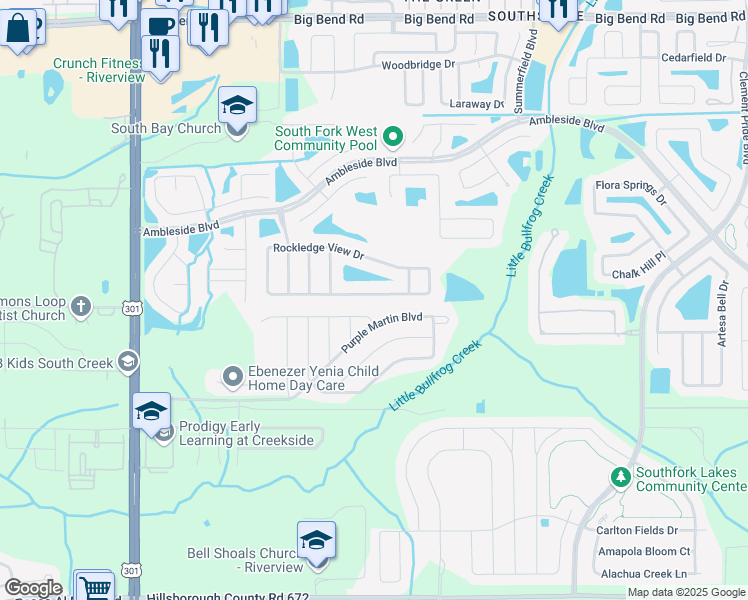 map of restaurants, bars, coffee shops, grocery stores, and more near 10819 Rockledge View Drive in Riverview