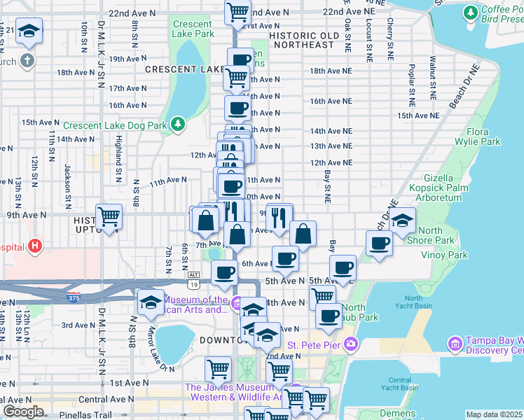 map of restaurants, bars, coffee shops, grocery stores, and more near 221 9th Avenue North in St. Petersburg