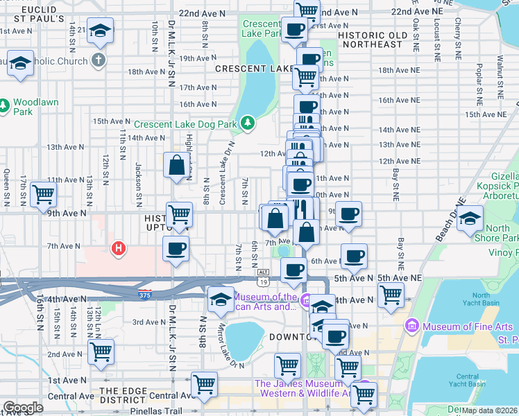 map of restaurants, bars, coffee shops, grocery stores, and more near 527 9th Avenue North in St. Petersburg