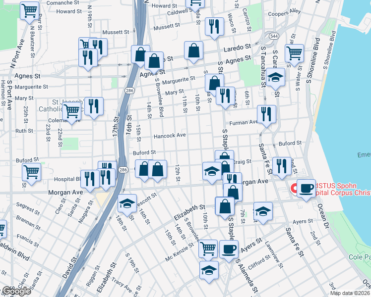 map of restaurants, bars, coffee shops, grocery stores, and more near 1025 11th Street in Corpus Christi