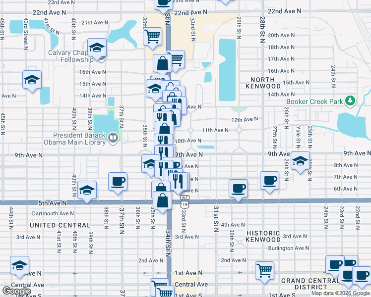 map of restaurants, bars, coffee shops, grocery stores, and more near 902 32nd Street North in St. Petersburg