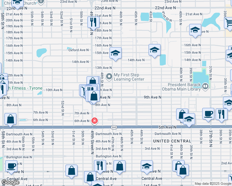 map of restaurants, bars, coffee shops, grocery stores, and more near 4636 10th Avenue North in Saint Petersburg