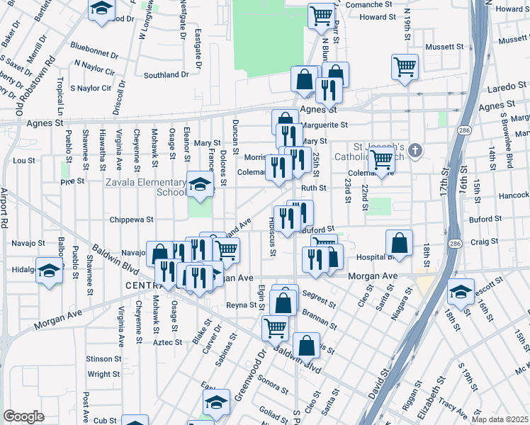 map of restaurants, bars, coffee shops, grocery stores, and more near 2851 Highland Avenue in Corpus Christi