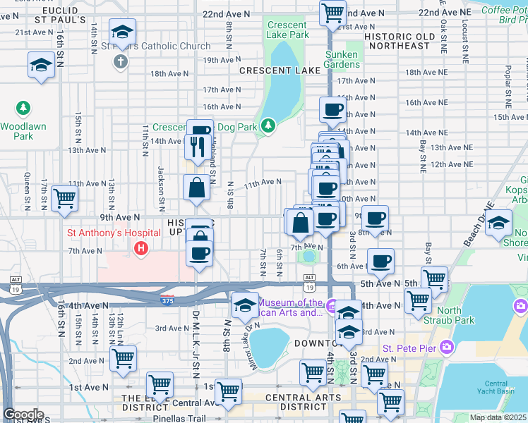 map of restaurants, bars, coffee shops, grocery stores, and more near 715 9th Avenue North in St. Petersburg