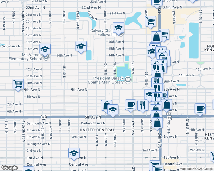 map of restaurants, bars, coffee shops, grocery stores, and more near 923 40th Street North in St. Petersburg