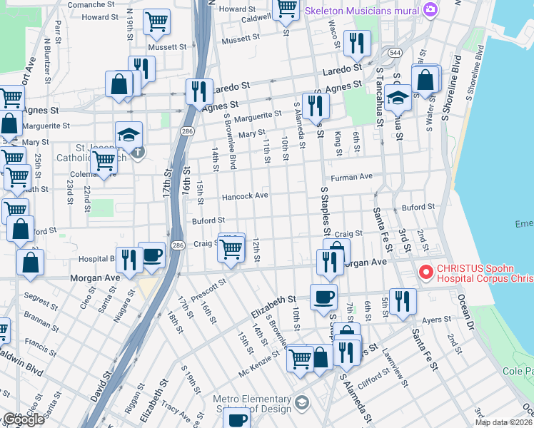 map of restaurants, bars, coffee shops, grocery stores, and more near 1025 11th Street in Corpus Christi