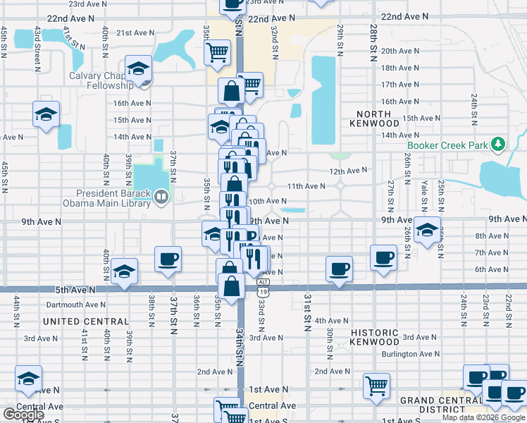 map of restaurants, bars, coffee shops, grocery stores, and more near 3321 9th Avenue North in St. Petersburg