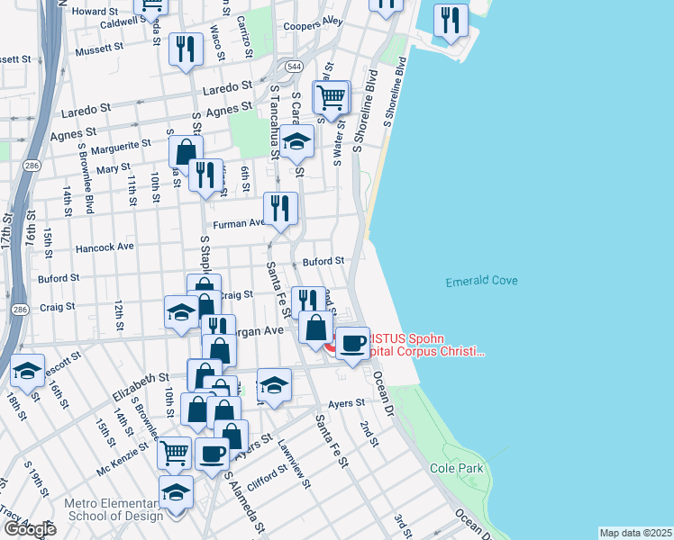map of restaurants, bars, coffee shops, grocery stores, and more near 1111 Ocean Drive in Corpus Christi