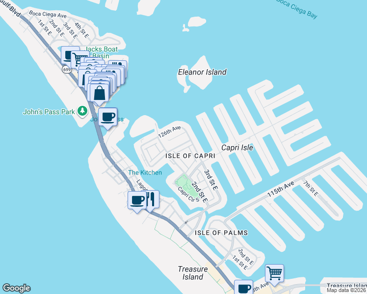 map of restaurants, bars, coffee shops, grocery stores, and more near 228 Sun Vista Court North in Treasure Island