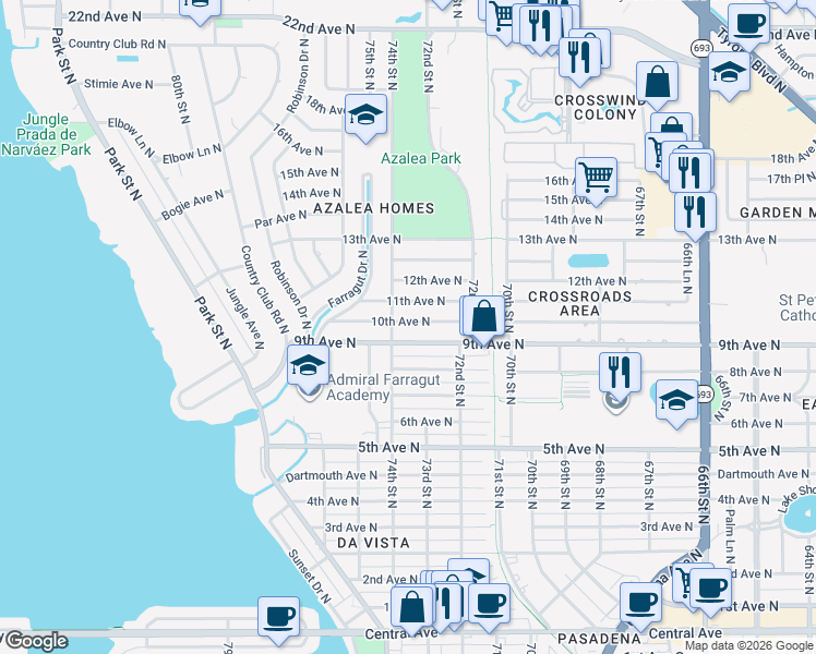 map of restaurants, bars, coffee shops, grocery stores, and more near 7326 10th Avenue North in Saint Petersburg