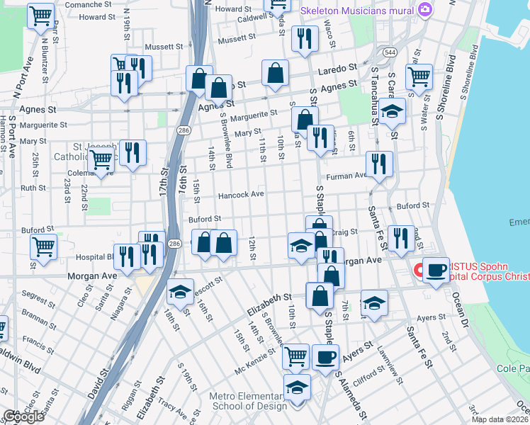 map of restaurants, bars, coffee shops, grocery stores, and more near 1025 11th Street in Corpus Christi