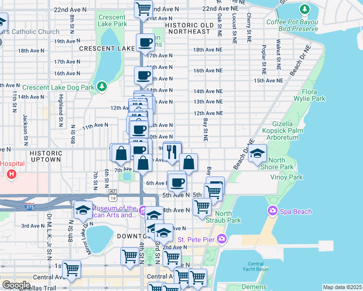 map of restaurants, bars, coffee shops, grocery stores, and more near 115 9th Avenue North in St. Petersburg