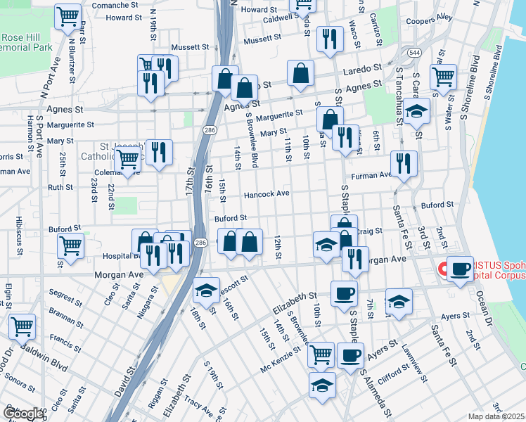 map of restaurants, bars, coffee shops, grocery stores, and more near 1020 South Brownlee Boulevard in Corpus Christi