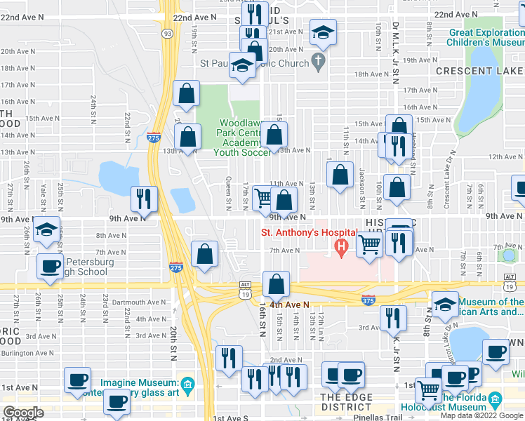map of restaurants, bars, coffee shops, grocery stores, and more near 912 16th Street North in St. Petersburg