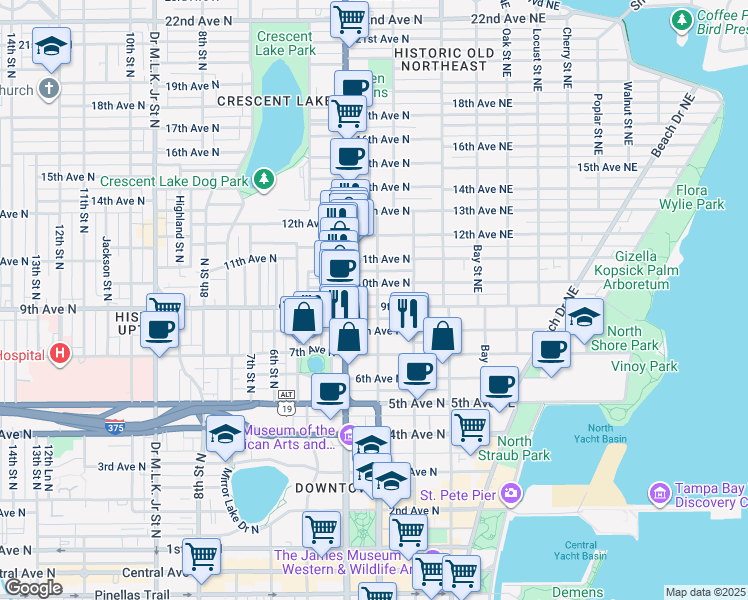 map of restaurants, bars, coffee shops, grocery stores, and more near 900 3rd Street North in Saint Petersburg