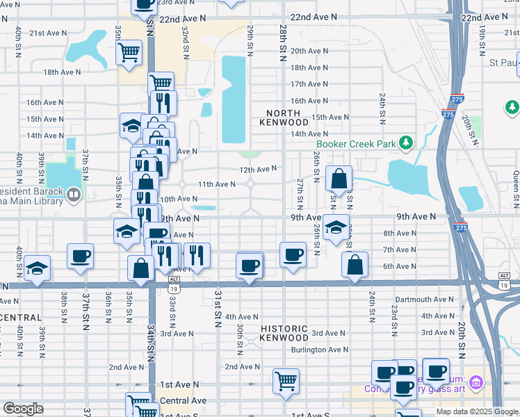 map of restaurants, bars, coffee shops, grocery stores, and more near 911 29th Street North in Saint Petersburg