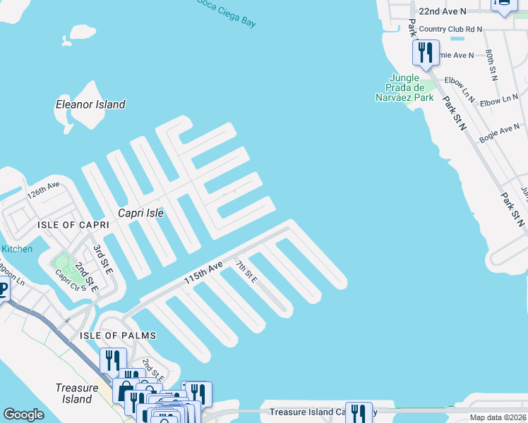 map of restaurants, bars, coffee shops, grocery stores, and more near 835 116th Avenue in Treasure Island
