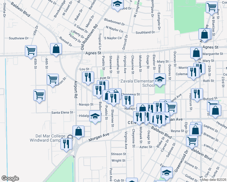 map of restaurants, bars, coffee shops, grocery stores, and more near 354 Shawnee Street in Corpus Christi
