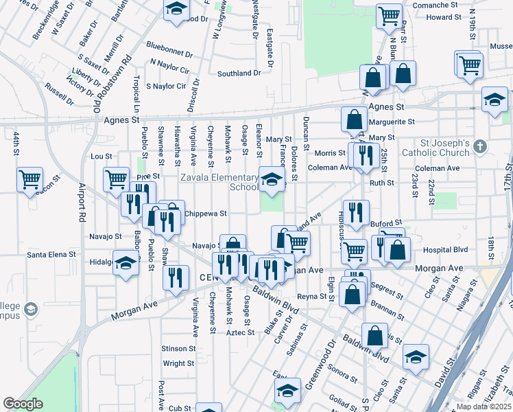 map of restaurants, bars, coffee shops, grocery stores, and more near 937 Eleanor Street in Corpus Christi