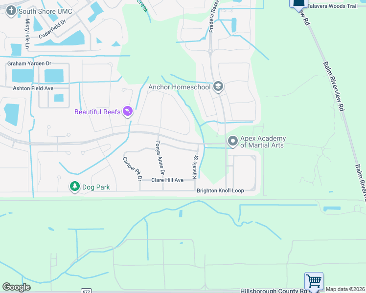 map of restaurants, bars, coffee shops, grocery stores, and more near 11828 Cara Field Avenue in Riverview