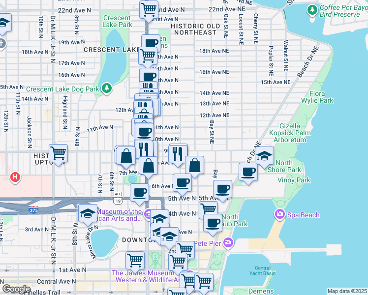 map of restaurants, bars, coffee shops, grocery stores, and more near 115 9th Avenue North in St. Petersburg