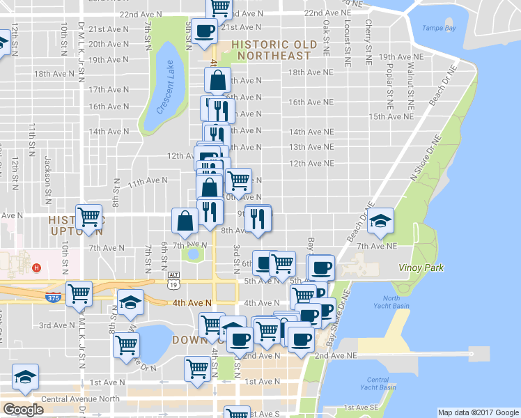 map of restaurants, bars, coffee shops, grocery stores, and more near 115 9th Avenue North in St. Petersburg