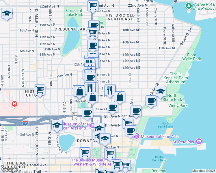 map of restaurants, bars, coffee shops, grocery stores, and more near 221 9th Avenue North in St. Petersburg