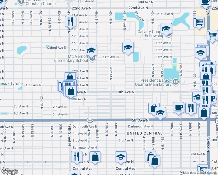 map of restaurants, bars, coffee shops, grocery stores, and more near 927 45th Street North in St. Petersburg