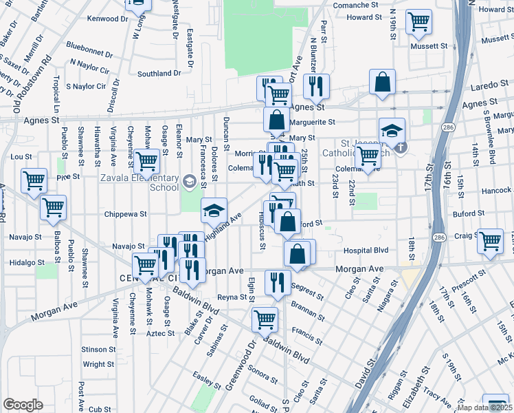 map of restaurants, bars, coffee shops, grocery stores, and more near 2851 Highland Avenue in Corpus Christi