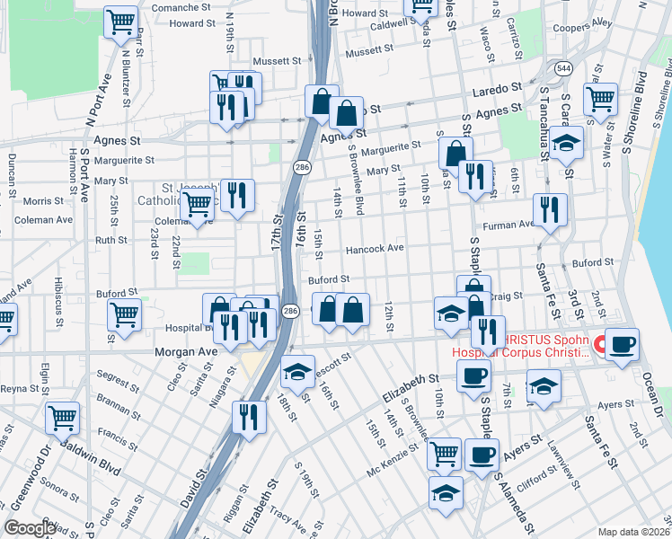 map of restaurants, bars, coffee shops, grocery stores, and more near 1015 14th Street in Corpus Christi