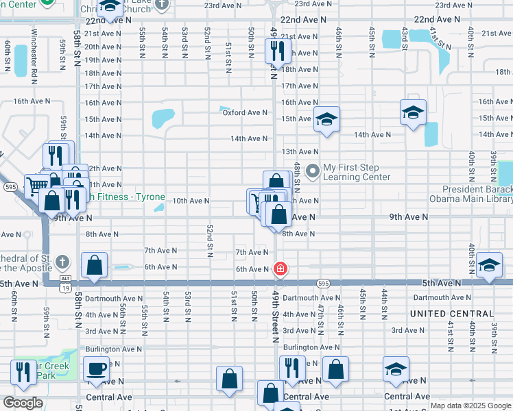 map of restaurants, bars, coffee shops, grocery stores, and more near 975 50th Street North in St. Petersburg