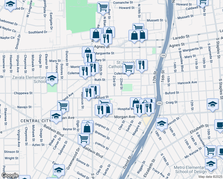 map of restaurants, bars, coffee shops, grocery stores, and more near 1005 23rd Street in Corpus Christi