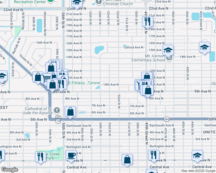 map of restaurants, bars, coffee shops, grocery stores, and more near 5300 10th Avenue North in St. Petersburg