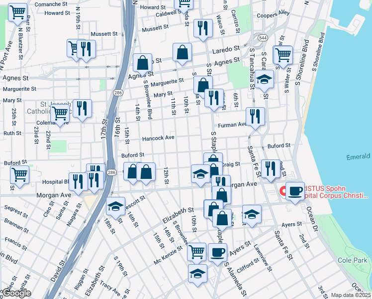 map of restaurants, bars, coffee shops, grocery stores, and more near 1025 10th Street in Corpus Christi