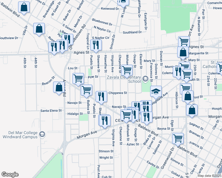 map of restaurants, bars, coffee shops, grocery stores, and more near 333 Virginia Ave in Corpus Christi