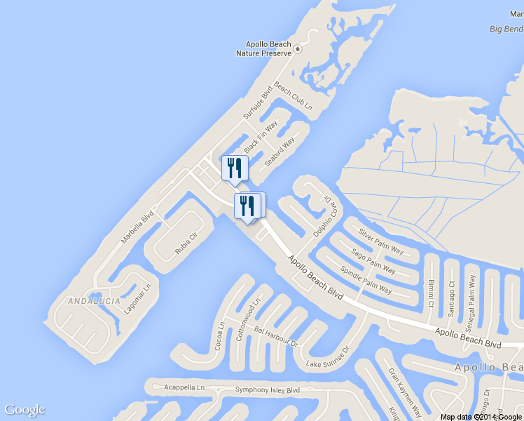 map of restaurants, bars, coffee shops, grocery stores, and more near 1211 Apollo Beach Boulevard in Apollo Beach
