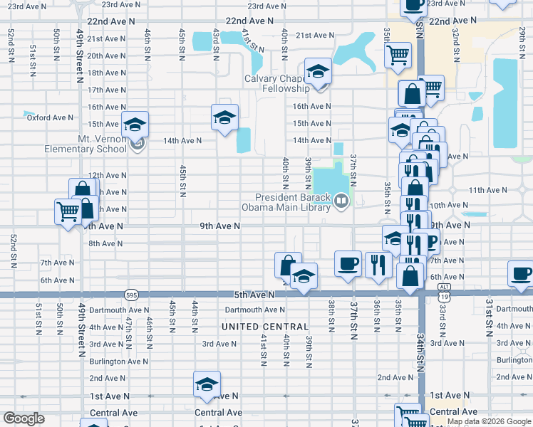 map of restaurants, bars, coffee shops, grocery stores, and more near 4100 10th Avenue North in St. Petersburg