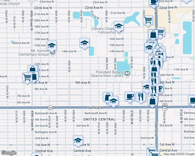 map of restaurants, bars, coffee shops, grocery stores, and more near 4100 10th Avenue North in Saint Petersburg