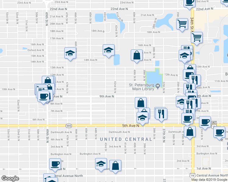 map of restaurants, bars, coffee shops, grocery stores, and more near 4200 10th Avenue North in St. Petersburg