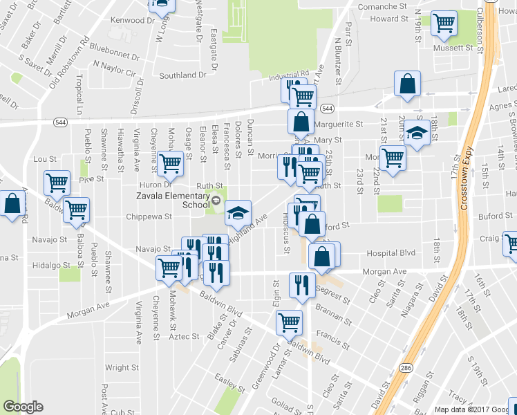 map of restaurants, bars, coffee shops, grocery stores, and more near 2949 Sunrise Avenue in Corpus Christi
