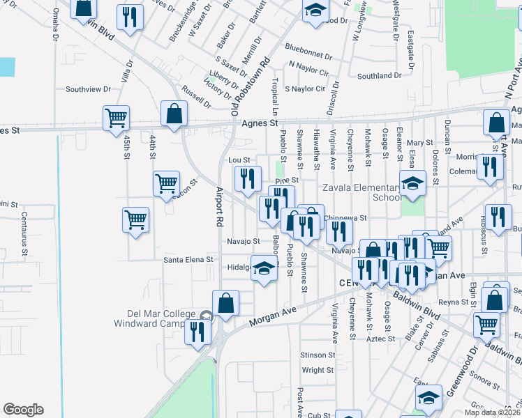 map of restaurants, bars, coffee shops, grocery stores, and more near 3930 Cortez Street in Corpus Christi