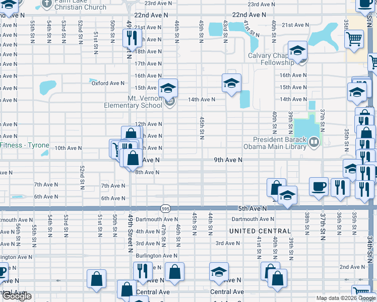 map of restaurants, bars, coffee shops, grocery stores, and more near 4548 10th Avenue North in St. Petersburg